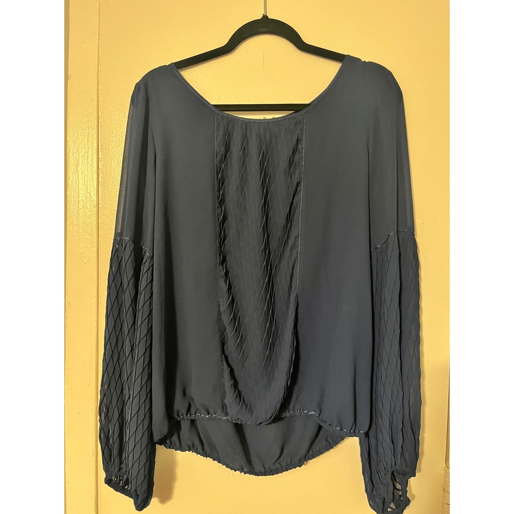 Studio M‎ Womens Navy Blue Pleated Textured Chiffon Bishop Sleeve Blouse Large